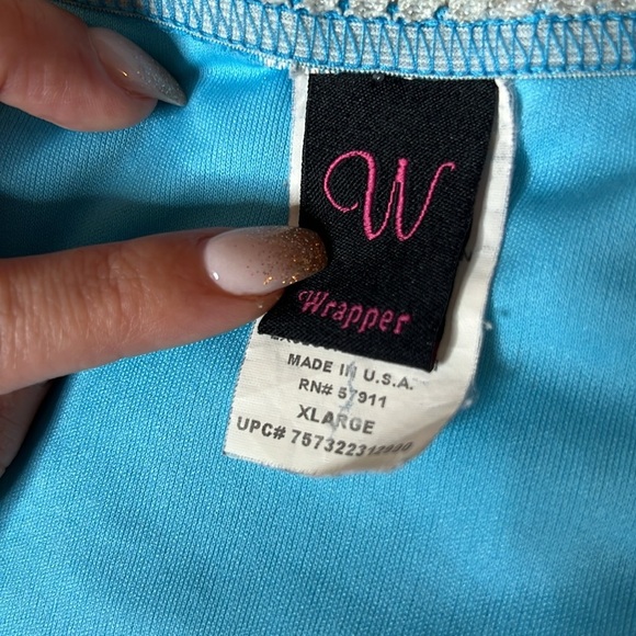 Vintage Y2K Wrapper Tropical Hawaiian Blouse Teal Blue White Floral Wrap Top - Picture 8 of 9